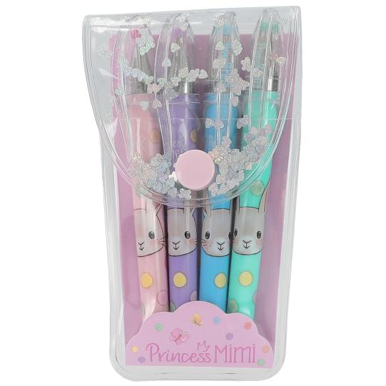Set of four pastel-colored pens with cartoon cat designs in a clear plastic case, branded 'My Princess Mimi'.