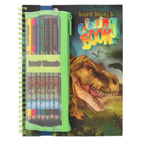 Dinosaur-themed colouring book with a mesh pencil case on a white background