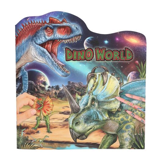 Dinosaur-themed book cover with colorful dinosaurs and 'Dino World' text on a blue background