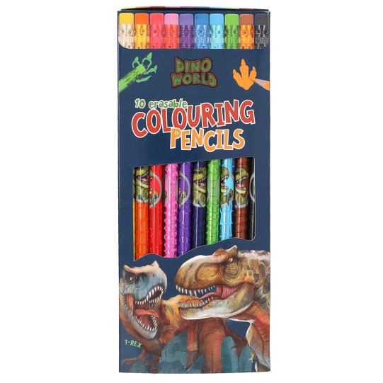 Box of Dino World colouring pencils with dinosaur illustrations on a white background