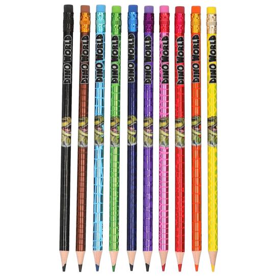 Set of colorful pencils with 'Dino World' branding on a white background