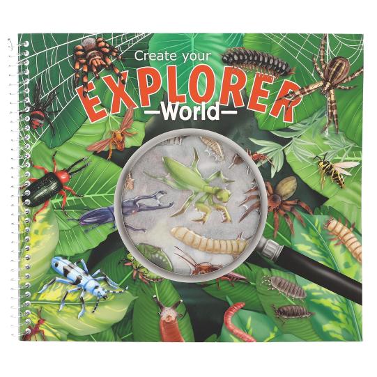 Book cover with illustrations of insects and a magnifying glass, featuring the text 'Create your Explorer World'.