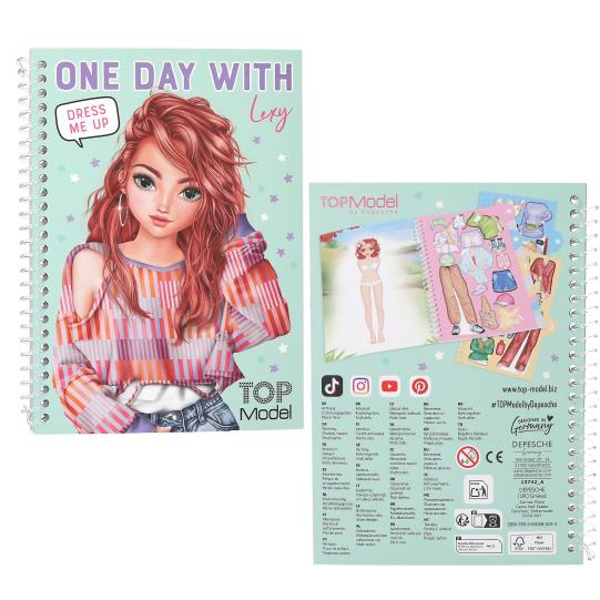 Top Model notebook with a character on the cover and a grid of images on the back.