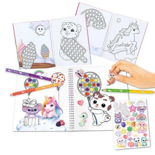 Coloring book with animal illustrations, stickers, and coloring tools on a white background