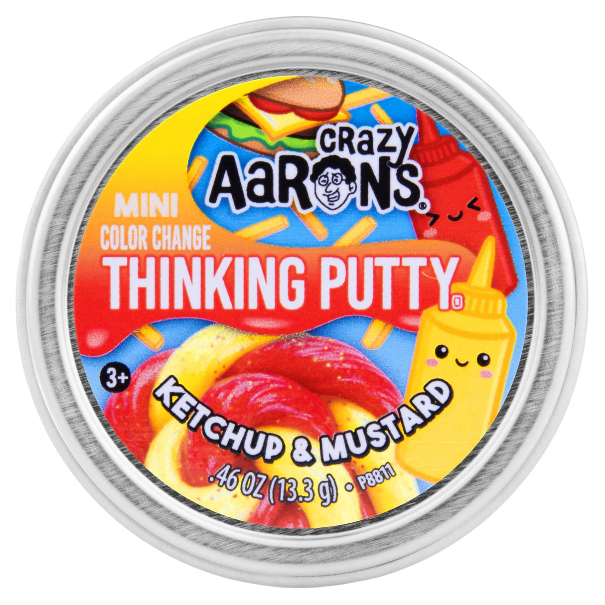 Crazy Aaron's Thinking Putty container with ketchup and mustard design on a white background
