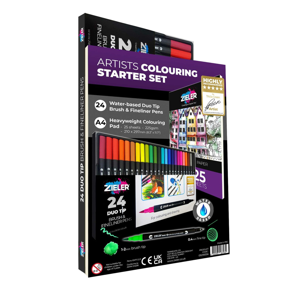 Zieler 24 Duo Tip Colour Pens Fineliner and Brush Pen, A4 Zieler Heavy Weight Cartridge Pad Bundle Set