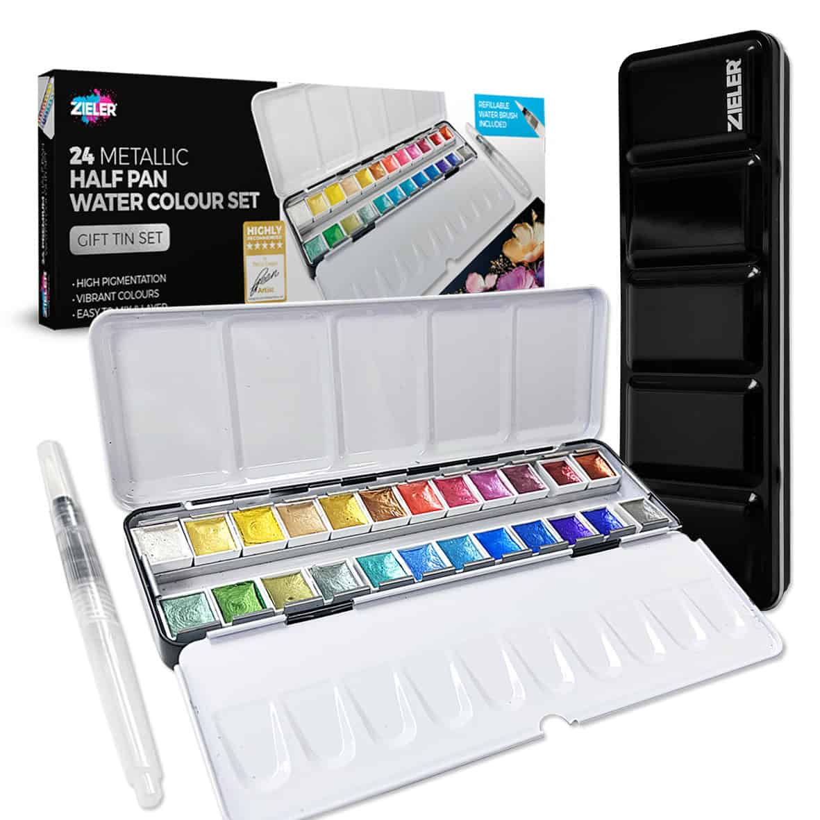 Zieler 24 metallic half pan water colour set shown open with the 24 color pans visible, a black multi-pan water color palette stand, a clear water brush, and the retail box on a white background.