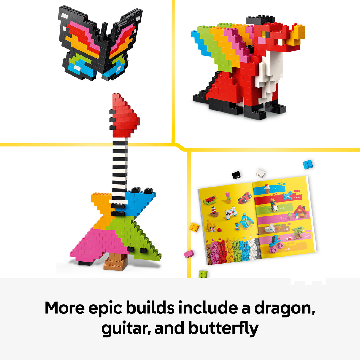 Colorful building blocks shaped like a dragon, guitar, and butterfly with an instruction manual on a white background.
