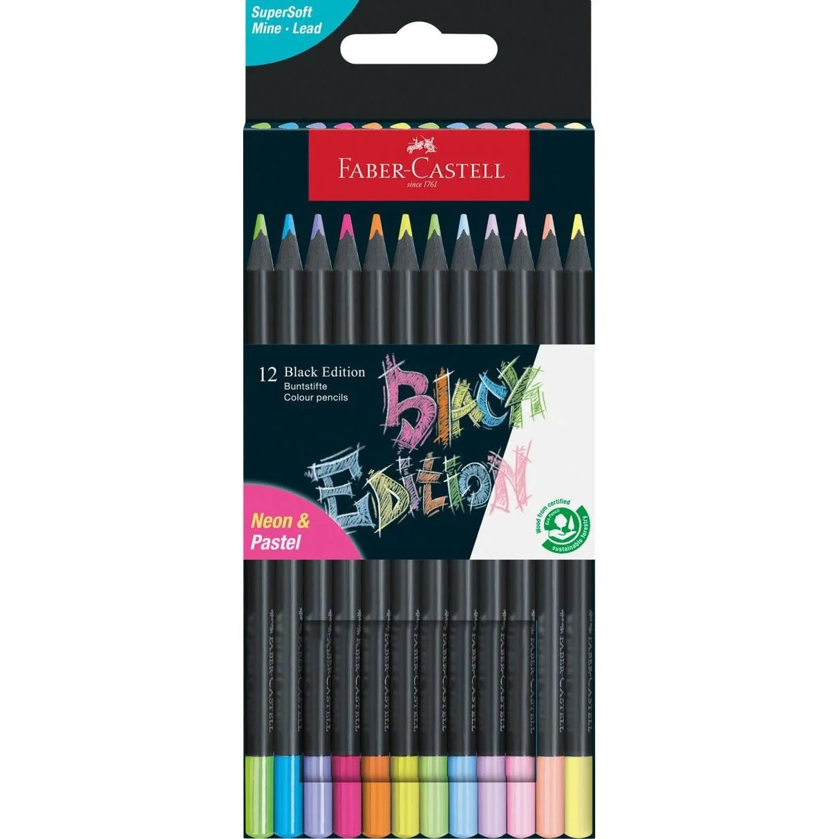 Faber Castell Black Edition Colour Pencils - Neon & Pastel (12 Pack)