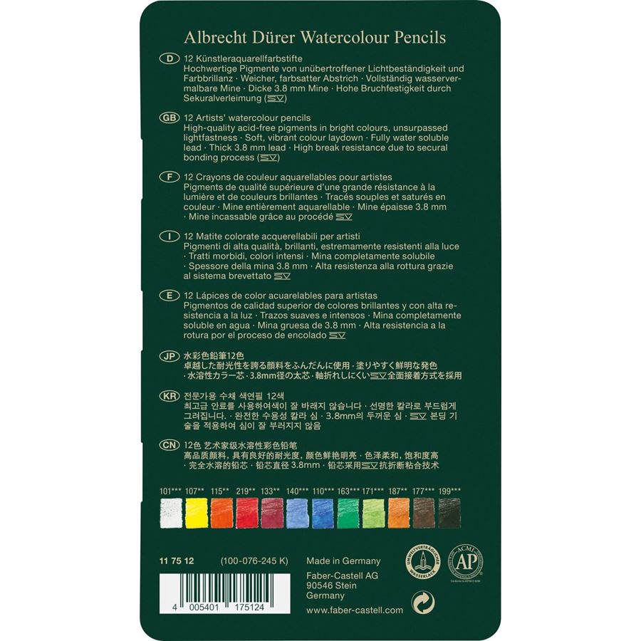 Faber Castell Albrecht Dürer Tin 12 Watercolour Colouring Pencils