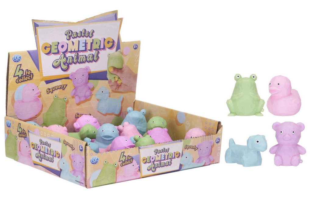 A display box filled with small animal-shaped squishy toys, with several loose toys arranged beside it on a plain white background. The packaging reads 'Pasta-like Geometric Animal' and shows pastel-colored frog, duck, dog, and bear figures.