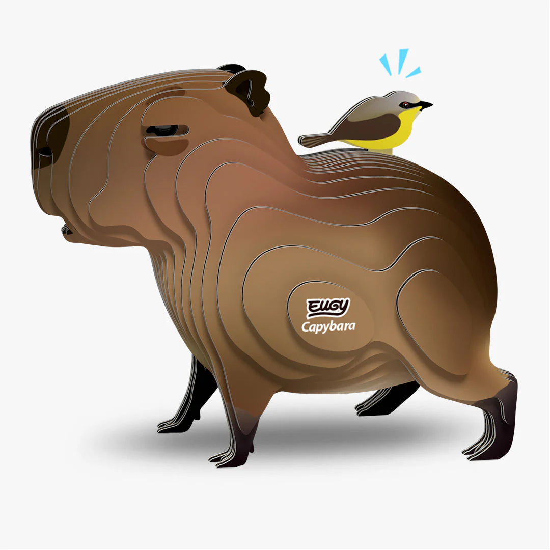 Brown capybara-shaped product with a bird illustration on a white background