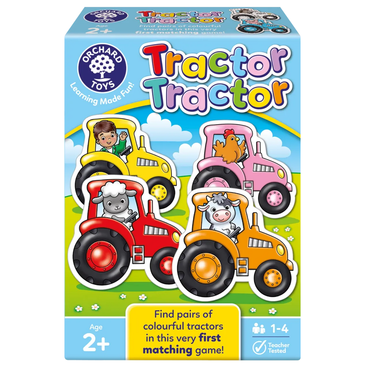 Box of Orchard Toys Tractor Tractor matching game with colorful tractors on a blue background