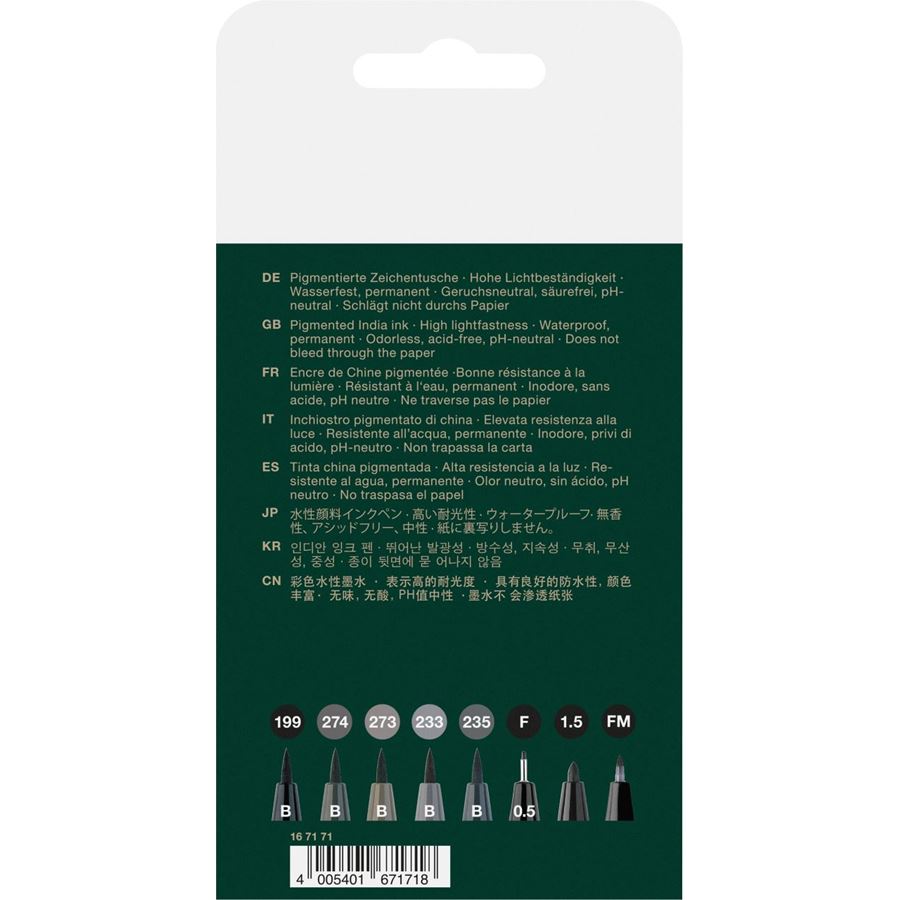 Faber Castell Pen Brush India Ink Pen Black & Grey Wallet of 8