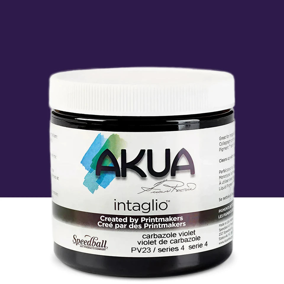 A jar of Speedball AKUA Intaglio paint in the shade carbazole violet (PV23), featuring a white cap and a white label with blue and green graphic accents, set against a split purple and white background.