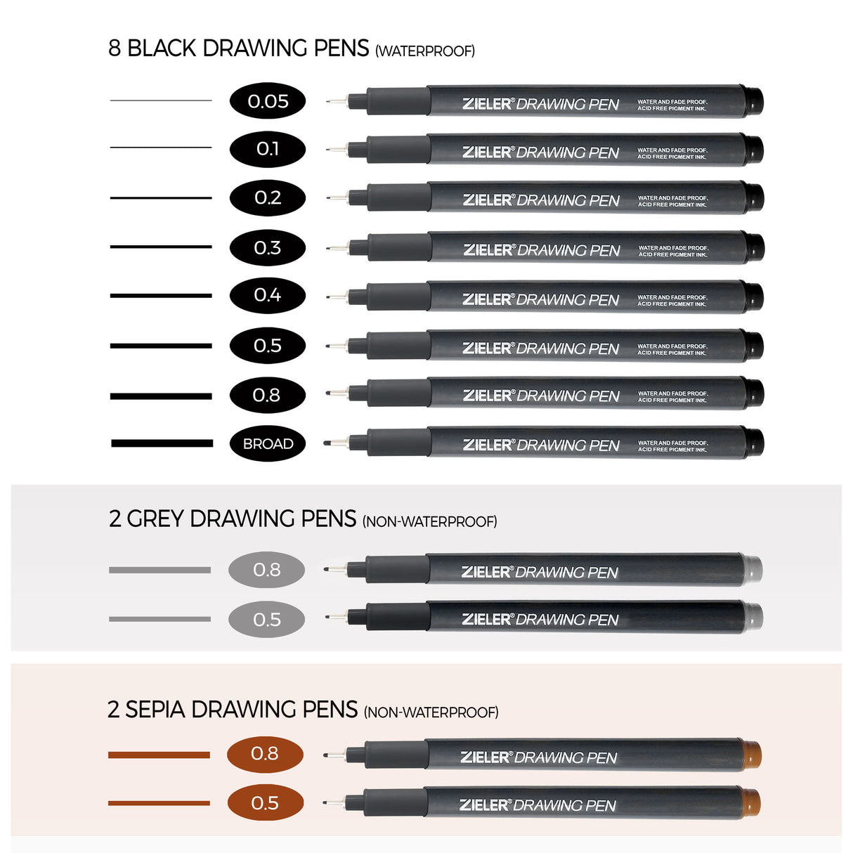 Zieler Fineliner Drawing Pens Starter Set - 12 Pens and A4 Sketchbook