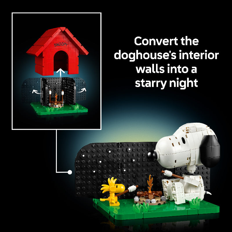 LEGO set with Snoopy and Woodstock by a doghouse, featuring text about interior wall conversion.