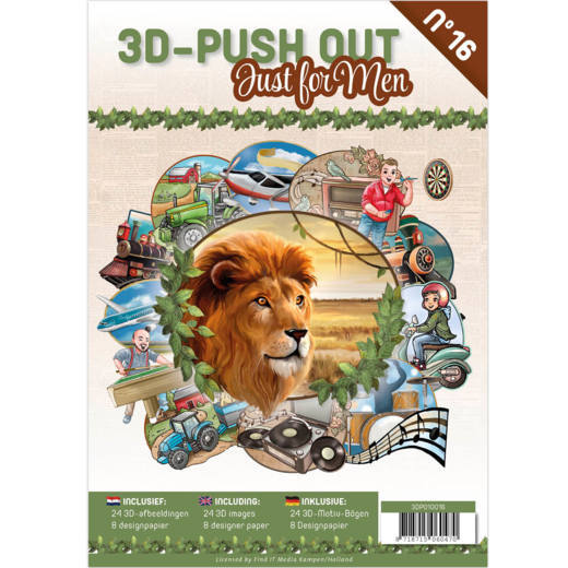 Front cover of a 3D-push out paper craft kit for men, featuring a large lion illustration in the center surrounded by various outdoor and travel-themed circular illustrations, with Dutch and German text and a barcode at the bottom.