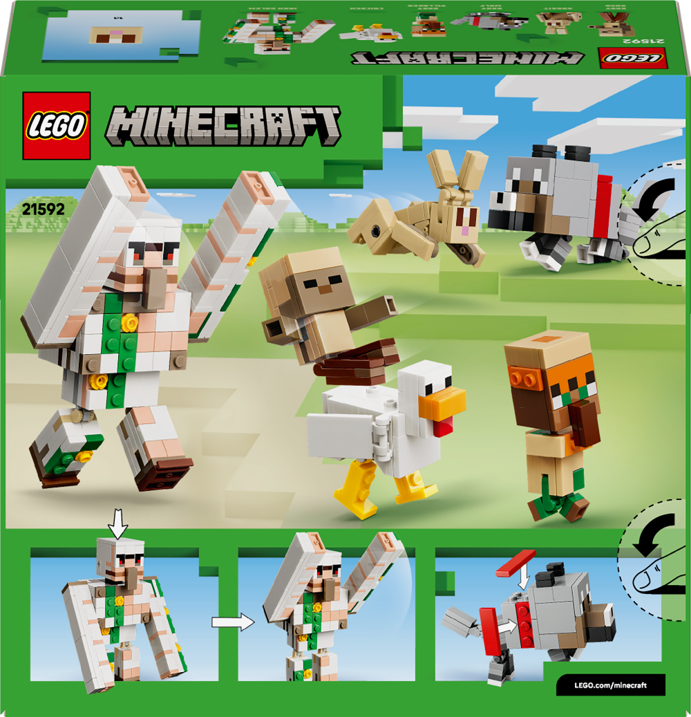 LEGO Minecraft set packaging with character figures and animals on a green background