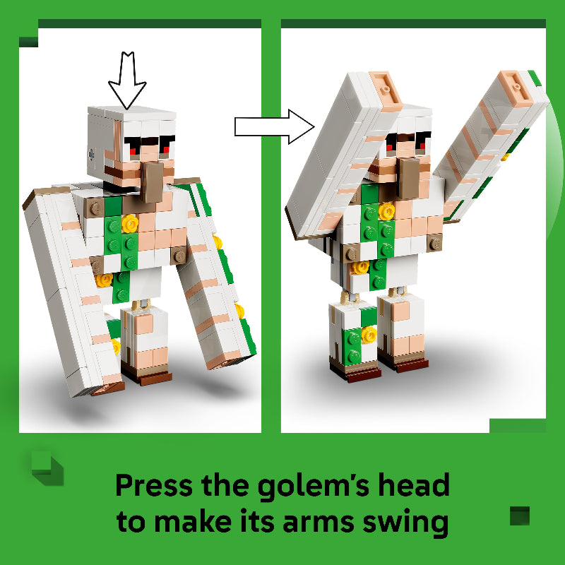 LEGO golem figure with instructions on how to activate its arms.