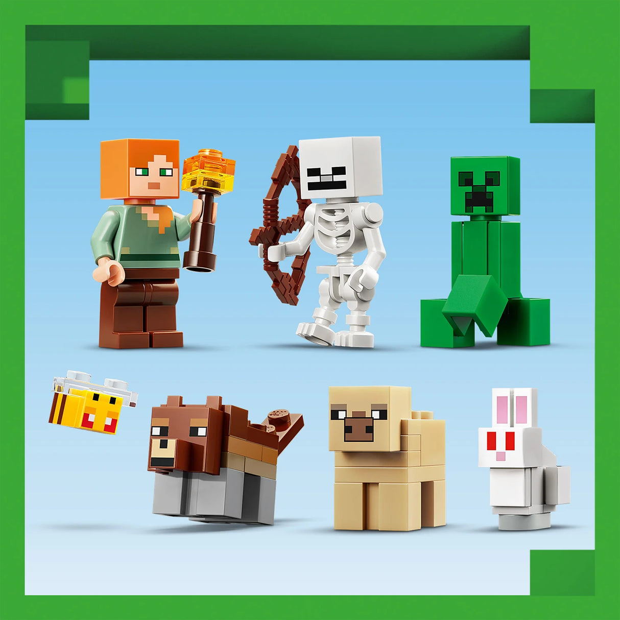 Collection of LEGO Minecraft characters and animals on a blue background