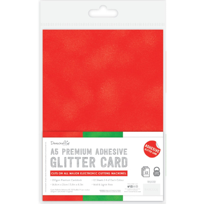 Dovecraft A5 Premium Adhesive Glitter Card - Festive Colours (12 Sheets)