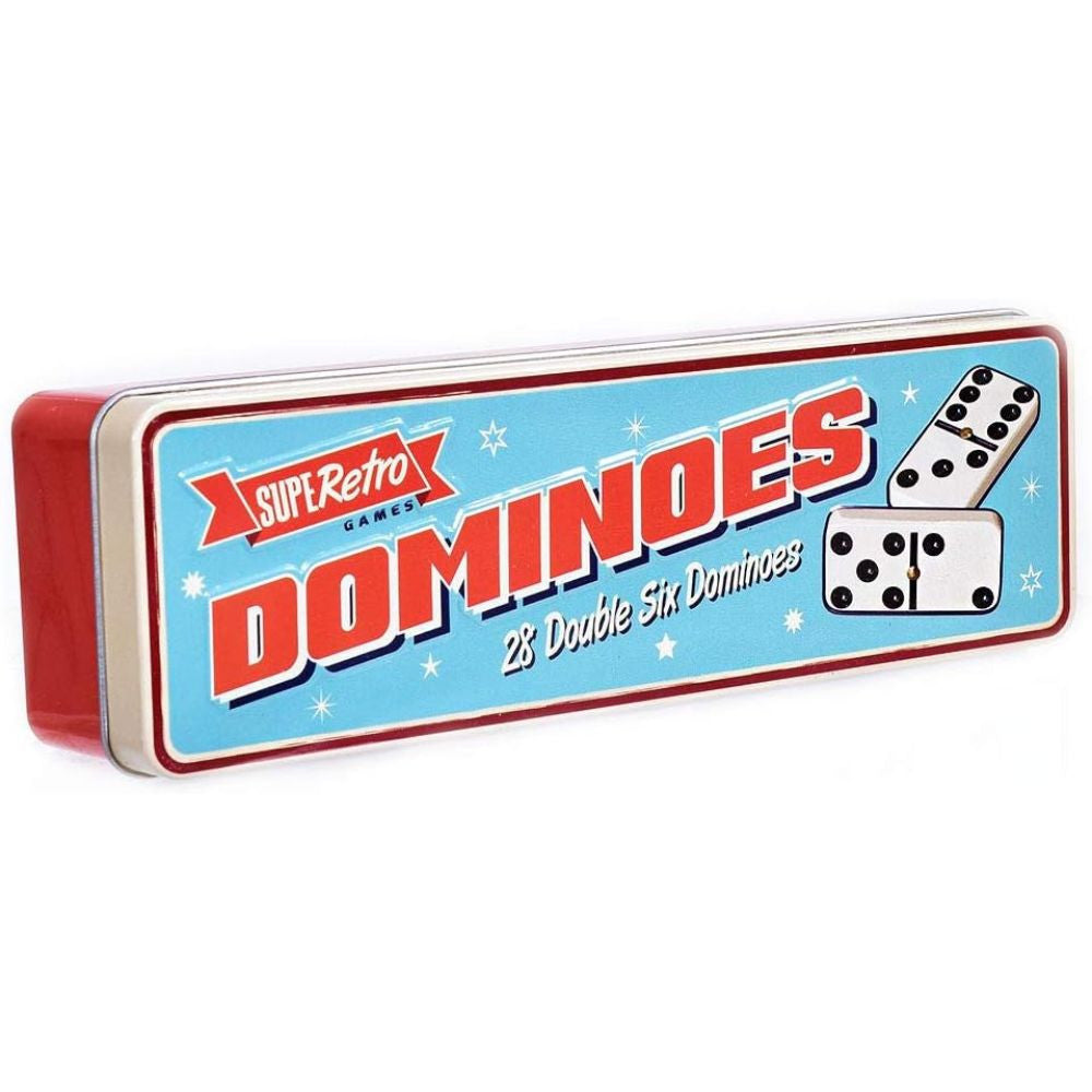 A tin of Su! Retro Games Dominoes featuring a light blue front label with bold red and white lettering, a red side panel, and illustrations of white dominoes with black pips.