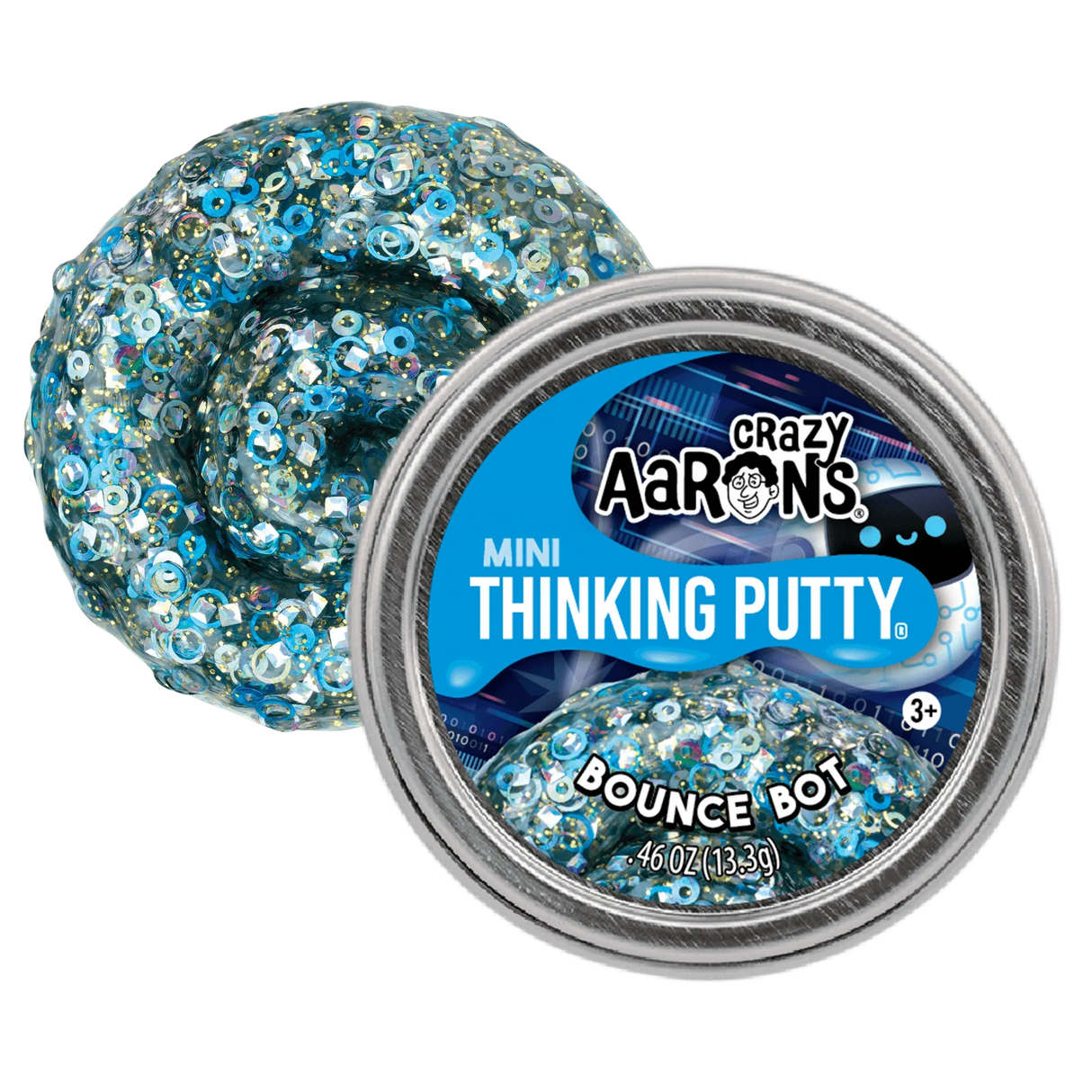 Crazy Aaron's Thinking Putty with blue glittery texture and visible label on a white background