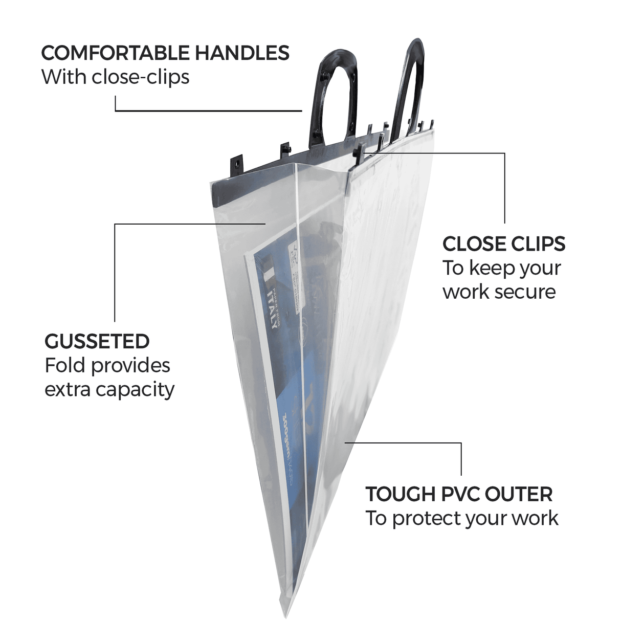 Clear protective bag with handles and close-clip features on a white background
