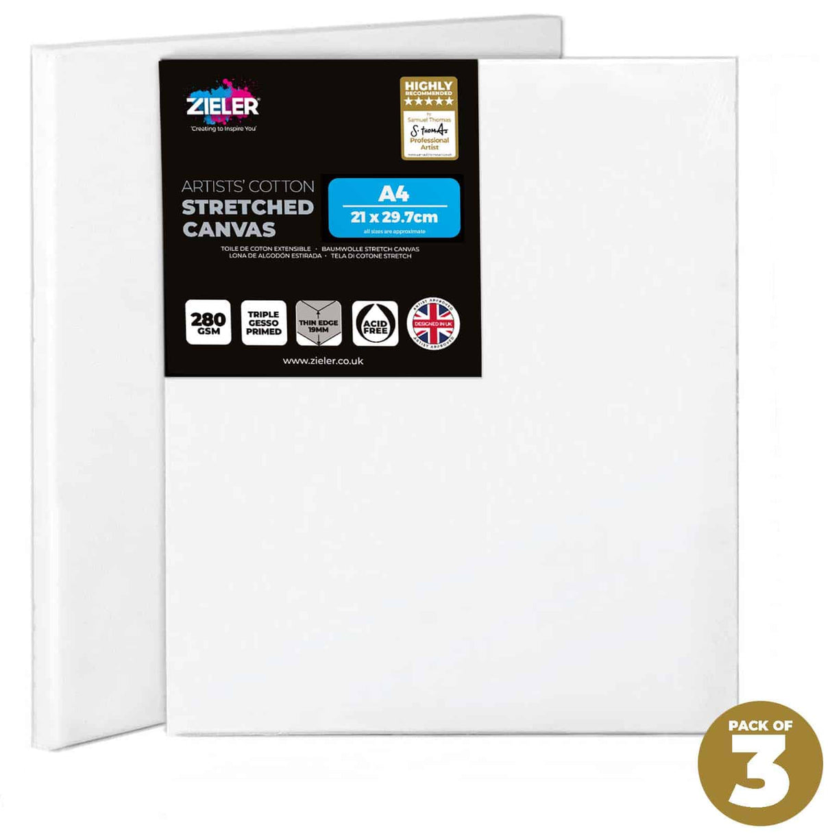 Zieler A4 Primed Canvas (Pack of 3)