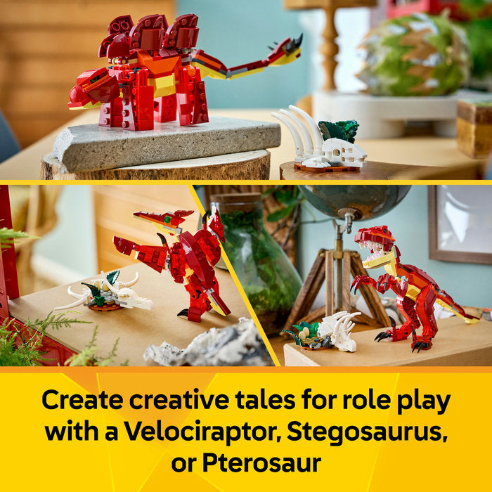Toy velociraptor, stegosaurus, and pterosaur models on a table with text promoting role play.