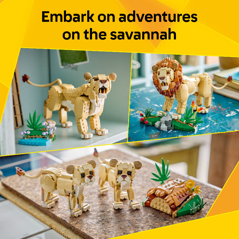 Toy lion figures on a table with a savannah theme, including a lion and a lioness, with text 'Embark on adventures on the savannah'.