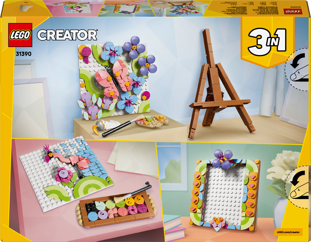 LEGO Creator 3-in-1 set packaging with images of art supplies and a frame.