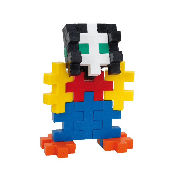 Pixelated character made of colorful building blocks on a white background