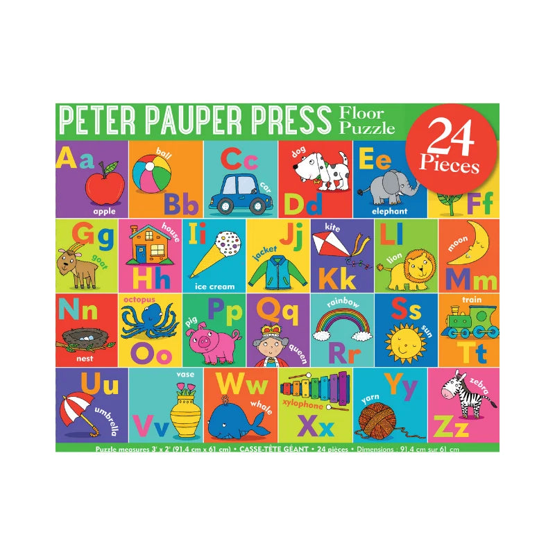 A colorful children's floor puzzle box featuring the alphabet and simple illustrations. The top banner reads 'PETER PAUPER PRESS Floor Puzzle' and a red circle says '24 Pieces.