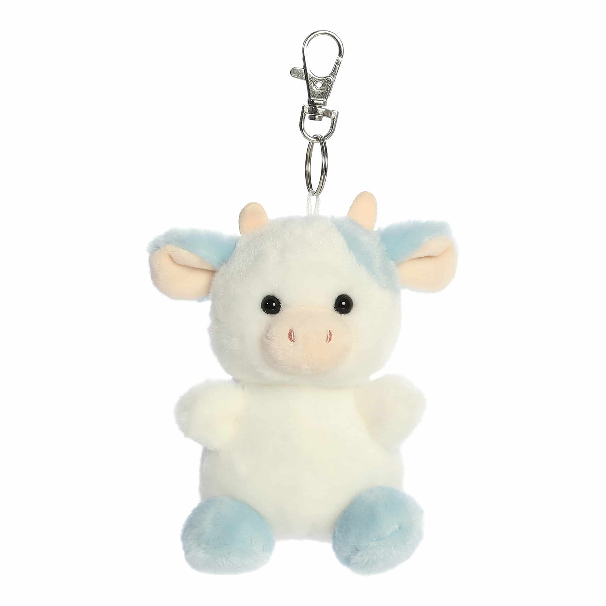 Plush cow keychain with a white and blue color scheme on a white background