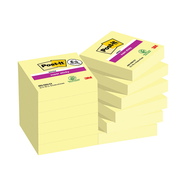 Post-it Super Sticky Notes 47.6x47.6 90 Sheets Canary Yellow 8+4 FREE (Pack of 12) 622-SSCY-P8+4