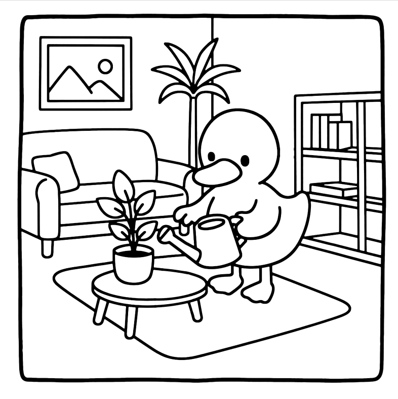 Cartoon character watering a plant in a living room setting