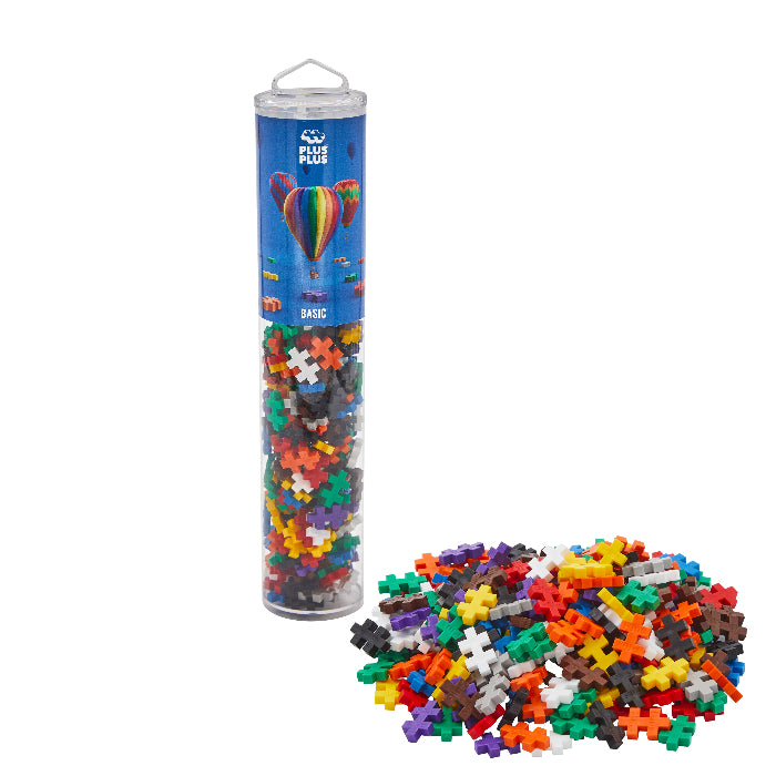 Colorful building blocks in a cylindrical tube with a colorful label on a white background