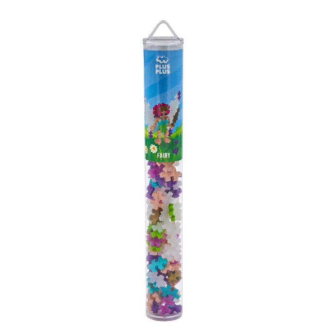 Tub of colorful fairy toys with a blue label on a white background