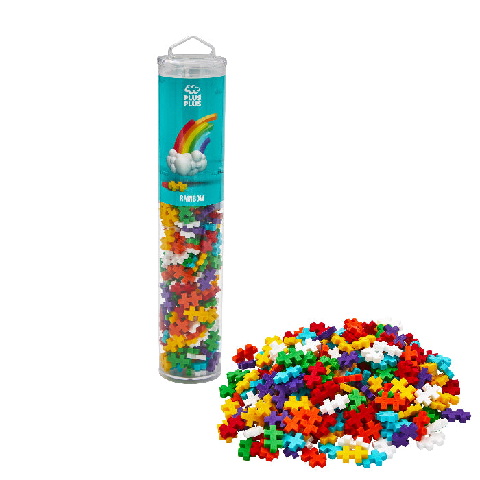 Colorful puzzle pieces in a cylindrical tube with a brand logo on a white background