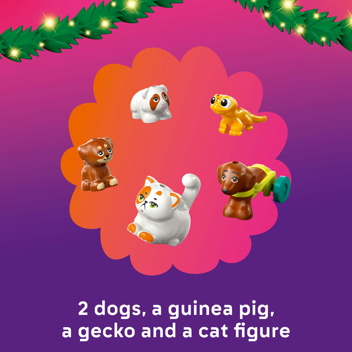 Toy figures of a dog, guinea pig, gecko, and cat on a colorful background with decorative elements.