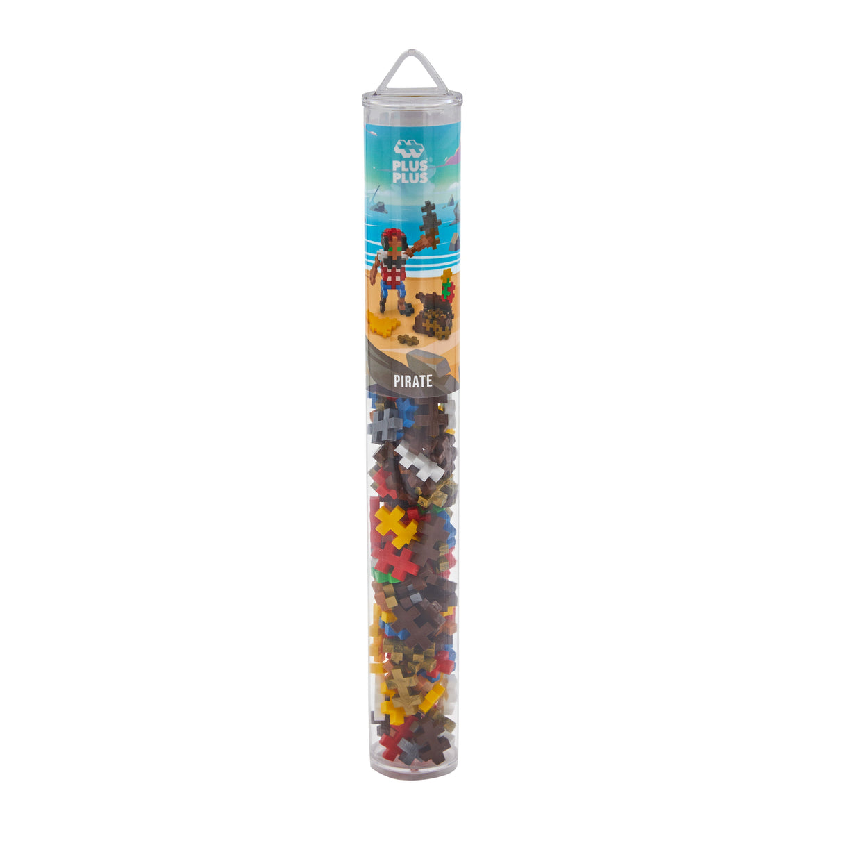 Tub of colorful building blocks with pirate theme on a white background