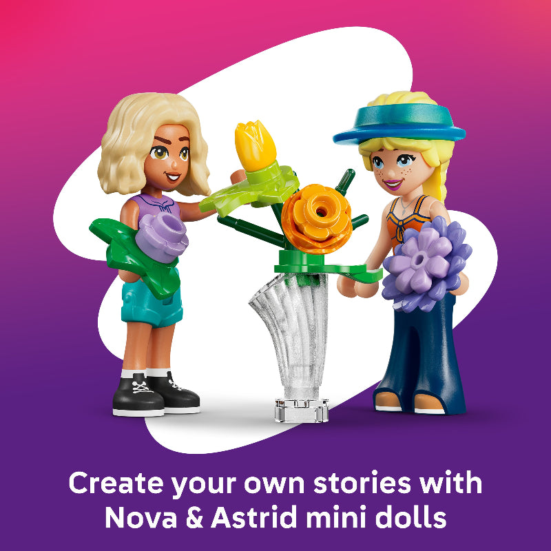 Two dolls holding flowers with text 'Create your own stories with Nova & Astrid mini dolls' on a purple and pink gradient background.