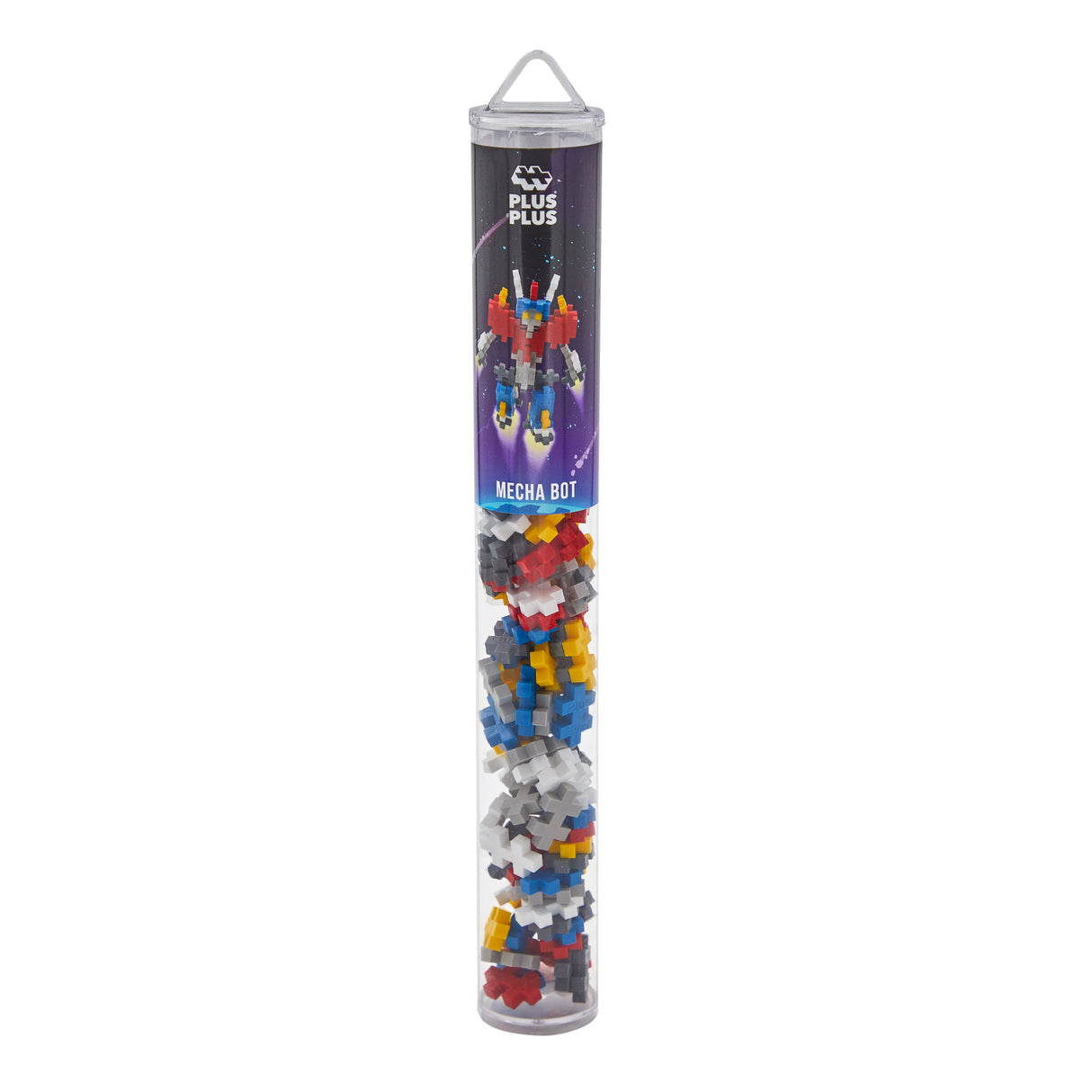 Tube of Plus Plus building blocks with colorful construction set on a white background