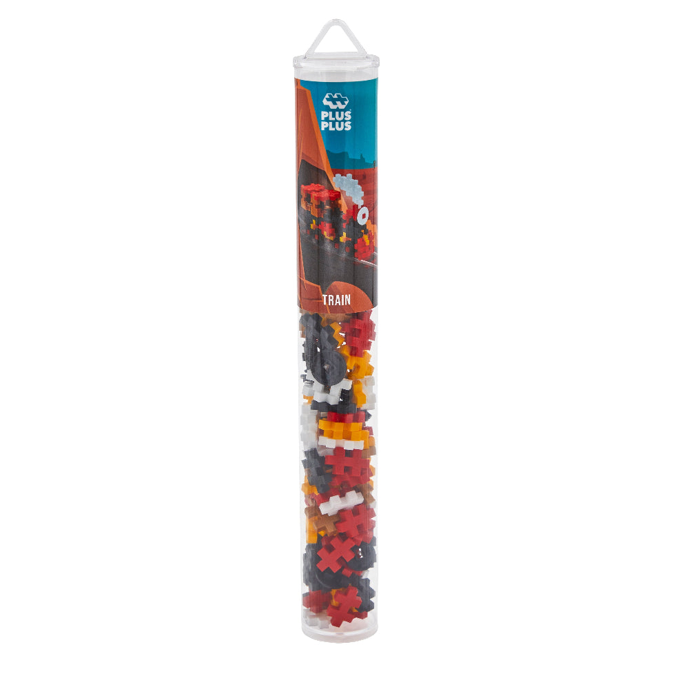 Tube of Plus-Plus building blocks with train design on a white background