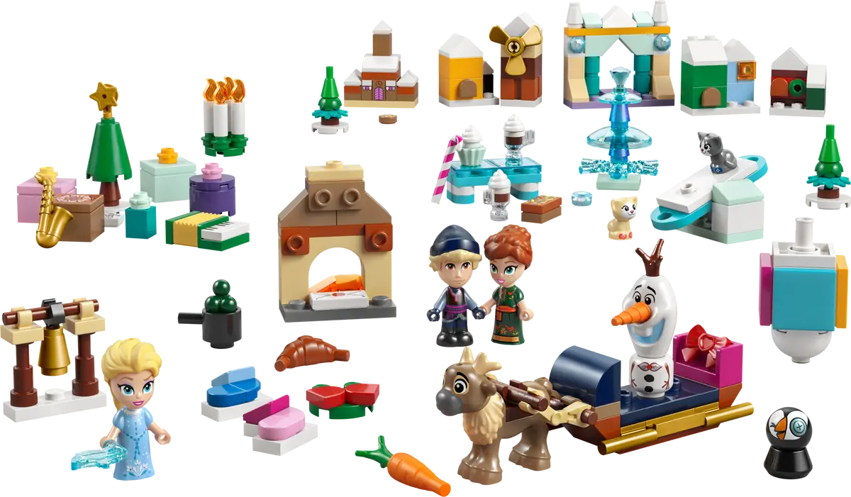Collection of LEGO Frozen 2 building pieces including characters and scenes.