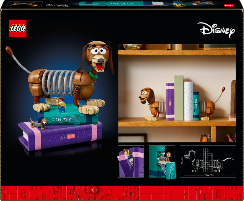 LEGO Disney collection featuring a dog toy with a shelf display and technical diagram.