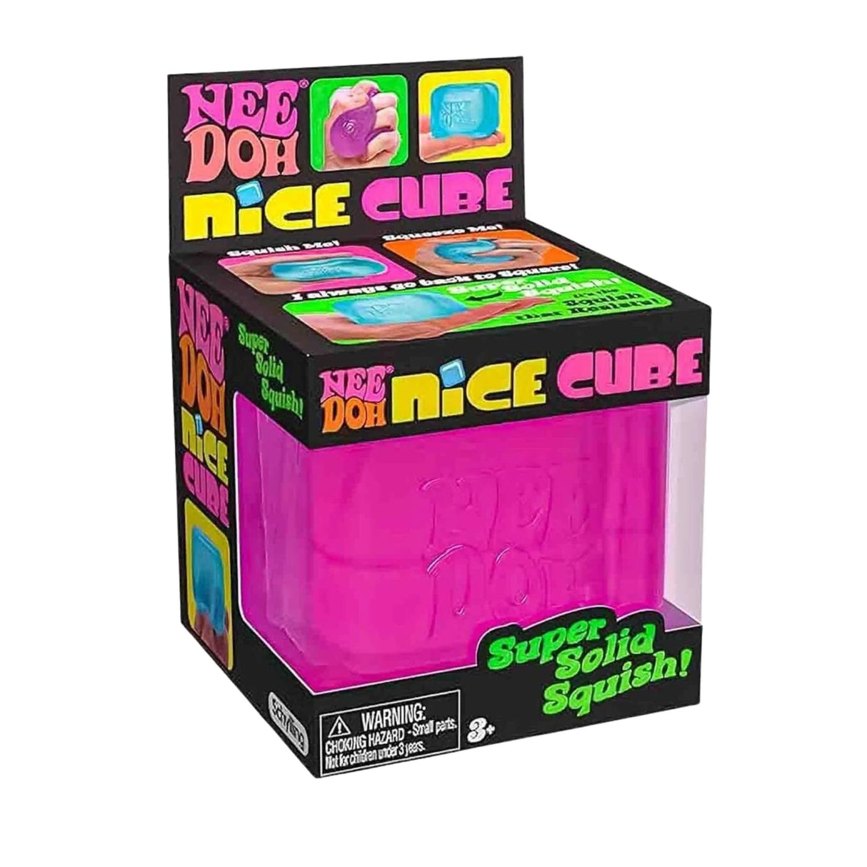 Nee Doh Nice Cube Super Solid Squishy toy in its original retail packaging, featuring a bright pink cube inside a black and clear display box with colorful graphics.