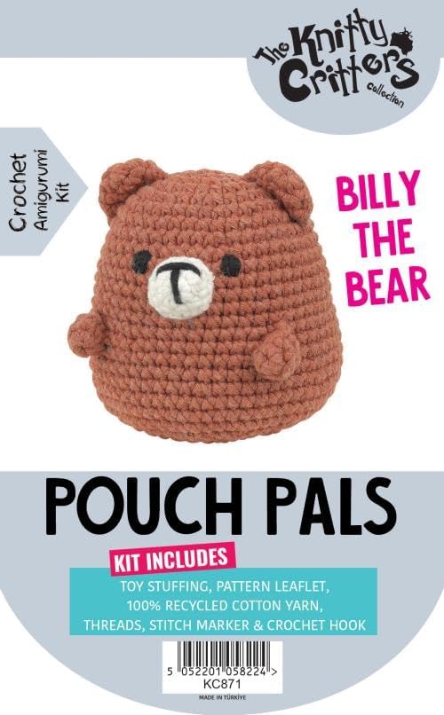 Front cover of a 'Crochet Amigurumi Kit' for 'Billy the Bear' by The Knitty Creations. The cover features a crocheted brown bear pouch in the center, with text indicating it is a 'Billy the Bear' pouch kit and includes stuffing, a pattern leaflet, recycled cotton yarn, threads, a stitch marker, and a crochet hook.